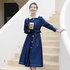 Casual Dresses Blue Denim Dress Long Sleeve Midi Length Party Date Robe Femme Autumn Clothes White Lapel Single Breasted Fashion Jean
