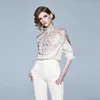 Designer de mode femmes col roulé simple boutonnage Blouses chemises piste luxe fleur imprimé fête en mousseline de soie lâche chemise haut 210226