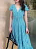 Verão praia vestido azul backless sexy impressão irregular fishtail feriado vestidos mulher roupas 210608