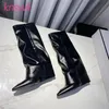 Laarzen 2021 Designer Geplooid Knight Knie Hoge Vrouwen Puntschoen Wide Shaft Battle Vrouw Wedge Heel Runway Shoes