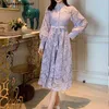 Spring Vintage Dress Woman Purple Lace Single-breasted High Waist es Vestido Long Puff Sleeve Elegant Party 210603