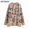 KPYTOMOA Dames Mode Oversized Floral Jacquard Gebreide Sweater Vintage O Neck Lange Mouw Vrouwelijke Pullovers Chic Tops 211217