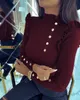 우아한 여성 솔리드 스웨터 가을 겨울 오 넥 긴 소매 버튼 러프 장식 따뜻한 슬림 풀오버 레이디 바닥 니트 탑 210526