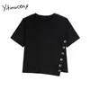 Yitimuceng O-neck Woman Tshirts Irregular Tops Moda Solid Short Tees Summer Button Roupa Feminina Confortável Streetwear 210601