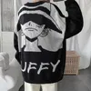 Japanischer Pullover Luffy gestrickter lässig süßer Mode-Pullover Black Khaki Herren Y0907