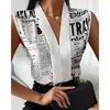 Women's Blouses & Shirts Women Summer Fashion Female Top Nespaper Print V Neck Long Sleevless Casual Blouse Tops