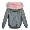 Women's Fur & Faux Grey Bomber Jacket For Women Lined Coat With Beautiful And Lovely Pink Collar