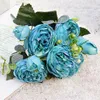 Flores decorativas grinaldas de buquê azul artificial peony chá rosa outono seda falsa para sala de estar de estar em casa de casamento decoração decoração de decoração