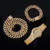 Necklace +Watch+Bracelet Hip Hop Miami Curb Cuban Chain Gold Full Iced Out Paved Rhinestones For Men Jewelry