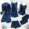 Women 5PCS Pajamas Sets Satin Sleepwear Pijama Silk Home Wear Clothing Sexy Lace Sleep Lounge Pyjamas with Chest Pads