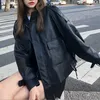 Veste en cuir noir coréen femmes rétro lâche femme courte vêtements d'extérieur décontracté mode à manches longues manteau d'hiver pour femmes 210604