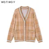 Wotcoy Jacquard Dzianiny V-Neck Cardigan Kobiety Jesień Zima Przyciski Buttons Luźne Drukowane Sweter Kobiet Kimono Cardigans Knit Topy 210918