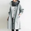 Mulheres Outono Color Sólido Bolso Com Capuz Windbreaker Long Trench Revestimento Outerwear Roupas Femininas Femme Veste 210914