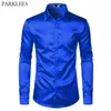 Royal Blue Silk Satin Shirt Män Lyx Märke Slim Fit Mens Klänning S Bröllopsfest Casual Male Chemise 210721