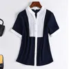 Marinblå skjorta kvinnor temperament mode sommar kortärmad chiffon blouses kontor damer formella arbetstoppar 210604