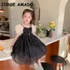 Koreanischer Stil Sommer Kinder Mädchen Kleid Perlen Puffärmel Sternenhimmel Mesh Prinzessin Kleider Retro Kleidung E207 210610