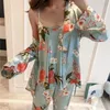 3pcs kvinnor pyjamas set lady emulering silke pyjama sätter blomma print sleepwear kvinnliga homewear 2021 våren kvinnors hem kläder x0526