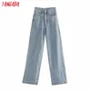 Tangada Herbst Winter Frauen Hohe Taille Überlänge Jeans Hosen Hosen Taschen Reißverschluss Weibliche Breite Bein Denim Hosen 4M520 210302