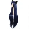 ゲームLOL AHRI 100cm長い濃い青いかつら革抵抗の髪のコスプレ衣装Wigs + Ears Y0903