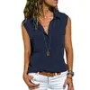 Yaz Casual Bluz Kadın Üst Ve Gömlek Kolsuz Düğme Cep Siyah Katı Turn-down Yaka 210719
