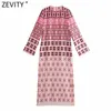 Zevity Women Vintage Contrast Color Geometric Print Side Split Shirt Dress Femme Long Sleeve Casual Straight Robe Vestido DS8374 210603