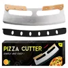 Pizza Cutter Rocker Knivar Rostfritt Stål Dubbel Trähandtag 14 tum Uppgraderad Sharp Pizzas Slicer Kniv Chopper med bladskydd