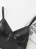 ビアオロナの女性のノースリーブブラックPU Vネックセクシーなショートカミソールの女性クラブスタイル背中の背景のパッチワークファッションタンクトップクロップトップ210616