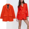 Za vintage print monterad blazer kvinnor långärmad knäppta orange blazers coat mode framfickor kvinnlig avslappnad ytterkläder 211006
