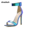 Aneikeh 2021 Fashion Summer Serpentine PU Peep Toe High Heel Women Sandals Sexy Buckle Strap Ankel-Wrap Ladies Club Shoes Silver Y0721