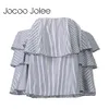 Jocoo Jolee Off Shoulder Ruffles Striped Blouse Shirt Loose Slash Neck Backless Blouse Club Beach Tops Street Wearings 210619