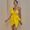Ocstrade Women Sexy Bodycon Dresses Summer Ruffled Yellow One Shoulder Bodycon Dress Celebrity Evening Club Party Dress 210303