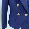 2021 automne automne manches longues revers cranté bleu marine couleur unie mince boucles en métal blazers à double boutonnage élégant de qualité supérieure manteaux d'extérieur 21O13076