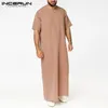Saudi-stil Dragkedja Jubba Thobe INCERUN Män Enfärgade Robes Man Vintage Kortärmad O-hals Muslim Arabiska Islamiska Kläder S-5XL