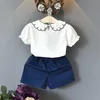Humor Bear Baby Girls Clothing Set Summer New Sweet Bow Short-sleeved T-shirt+Shorts Kids 2PCS Suit Baby Kids Girl Clothes X0902