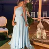 Açık Mavi Basit Bir Omuz Bir Çizgi Gelinlik Modelleri Uzun Şifon Fırfır Pleats Kat Uzunluk Örgün Abiye giyim Vestidos De Fiesta Custom Made