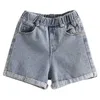 Summer Casual 2 3 4 5 6 7 8 9 10 11 12 Years Simple All Match Elastic Solid Color Denim Shorts For Kids Baby Girls 210701