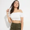 Colysmo Super Extensible Allover Élastique À Manches Courtes Volants Garniture Épaule Débardeur Femme Crop Top Été T-Shirt Tee Blanc 210527