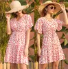 ファッション夏のシャツのドレス女性パーティーシフォンビンテージ花の半袖Vネックプリーツビーチドレスサイズs-4xl