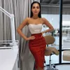 Moda marrón a cuadros tejido diseño vendaje falda mujeres lápiz bodycon sexy con flecos cintura alta midi ropa de mujer 210527