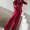 Fashion lady two piece suit sets solid red elegant stylish blazers and wide leg pants women set feminino outfits 210608