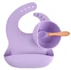 Ensemble d'alimentation pour bébé Vaisselle Ustensiles Bavoirs en silicone de qualité alimentaire Assiette Bol à succion antidérapant Vaisselle pour enfants Cuillère à bavoir étanche avec manche en bois 3pcs / Set Sea Ship YL424