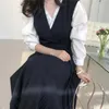 Korejpaa Set di abiti da donna coreano chic francese elegante camicia a maniche lunghe con scollo a V + cravatta laterale in vita gonna a pieghe abiti 210526