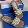 2021 Dames Goldie Slide Sandalen Designer Pearl Slippers Vierkante Open-Teen Platte Pflat Lady Sandaal Topkwaliteit Beige Zwarte Koe Lederen Zomer Slippers met Doos 314