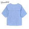 Yitimuceng Plaid Blouse Women Button Up Short Shirts Sailor Collar Straight Blue Clothes Summer Korean Fashion Tops 210601