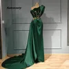 Emalald Green Mermaid Satijn Avondjurken Real Image Gold Applicaties Beaded Long Prom Dresses Ruffles Formal Dress