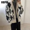 IEFB plaid kintted cardigan sweater men's Korean fashion spring autumn outerwear casual V-neck clothes vintage oversized 9Y4523 211018