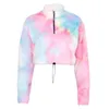 Kvinnor Hoodies Sweatshirts Kvinnor Långärmad Beskuren Sweatshirt Halv Zip Upp Tie-Dye Loose Pullover Crop Top Fuzzy Plush Drawtring Hem St