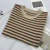 Women's T-Shirt Korean Round Neck Knitted Stripe Fresh And Fashionable Wild Casual Short-sleeved Slim Fit Tops