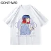 Gonthwid Camisetas Harajuku Anime Menina dos desenhos animados Impressão de manga curta Streetwear Tees Camisetas Hip Hop Casual Algodão Camisetas Mens Tops C0315
