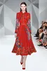 2023 Mode Boog Kraag Geplooide Jurk Vrouwen Designer Lange Mouwen Kant Patchwork Runway Retro Bloemen Party Midi Jurken Lente Aut312F